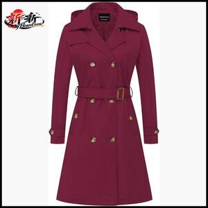 Polyester Long Trench Coat with Detachable Hood, Belted Slim Fit